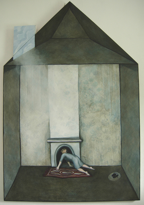 Painting of empty house with woman looking up chimney